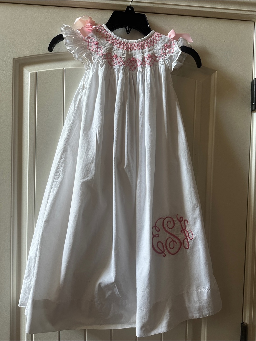 White & Pink Smocked Girls' Bishop Dress